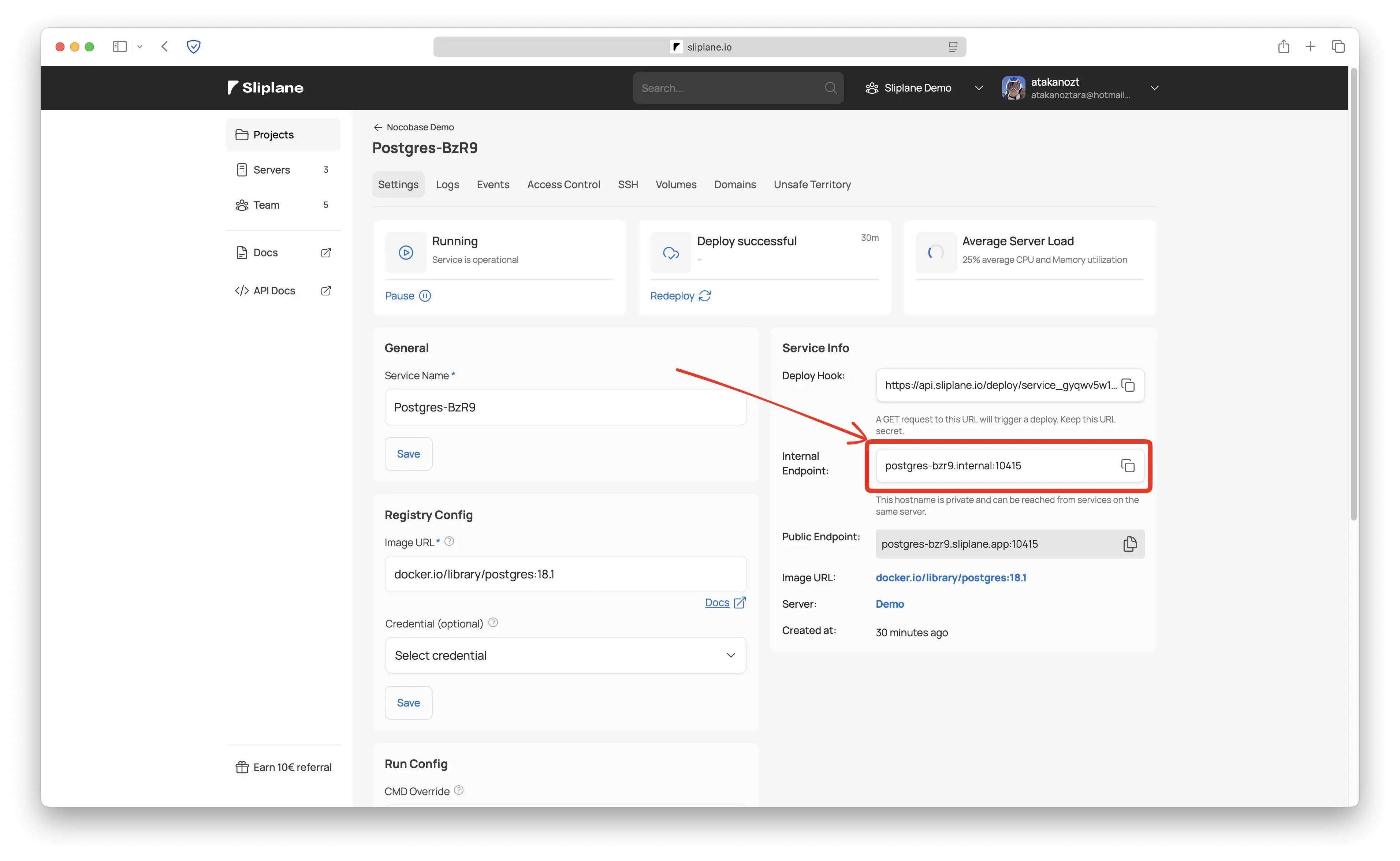 Internal Endpoint aus den PostgreSQL Service Details kopieren